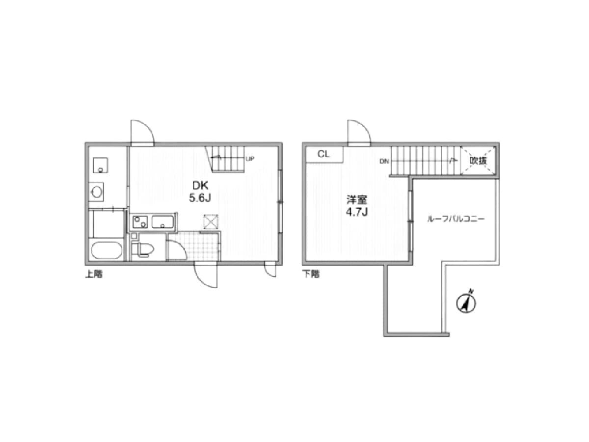 - 二階建て平面図、左側がDK5.6Jの居室と水周り、右側が洋室4.7Jとルーフバルコニーへ繋がる階段と吹抜、吹き抜けとCL付きの間取り図