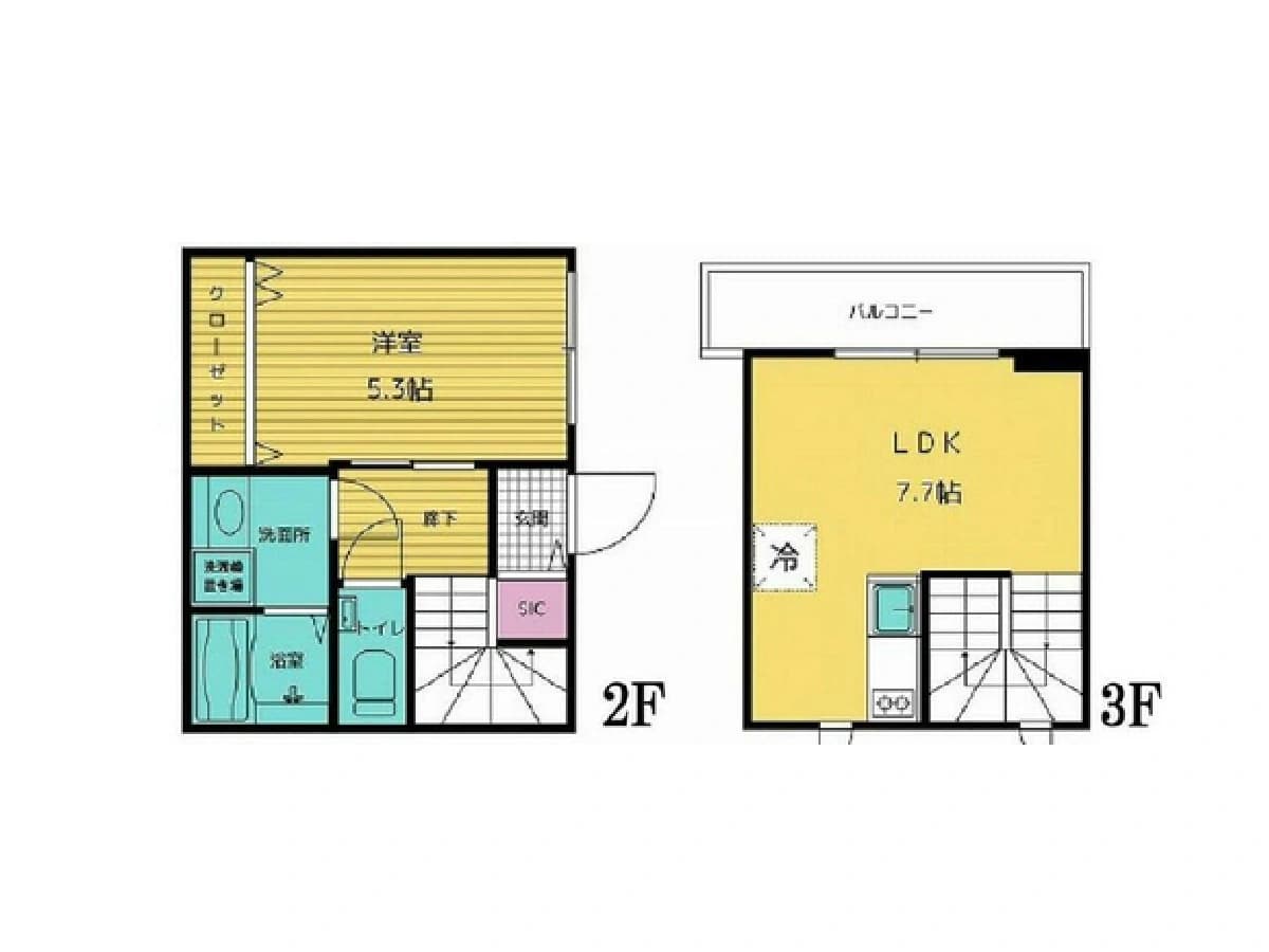 - 2階と3階の間取り図、2階に洋室5.3帖と洗面所・浴室・トイレ、階段室・玄関・SIC、3階にLDK7.7帖とバルコニー、キッチン・冷蔵庫スペースを備えた二層構造の住宅平面図