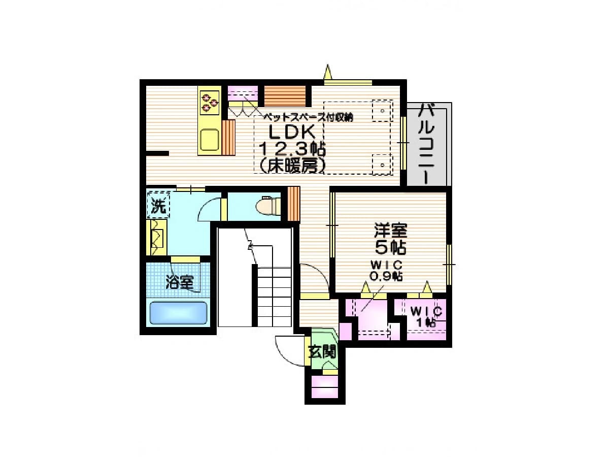 - 藍色系の浴室と洗面所、階段下を囲むリビング風のLDK12.3帖、バルコニー付きの間取り図入りの日本風フロアプラン