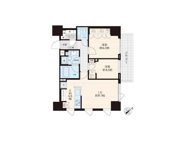 - 2LDKの間取り図、リビングダイニング約9.5帖とキッチン約4.5帖、洋室約6.0帖・約4.5帖、バルコニー付きの住宅平面図
