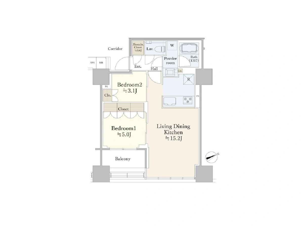 - 2LDKの間取り図、リビングダイニングキッチン15.2畳と洋室2部屋、バルコニー付きのマンション平面図
