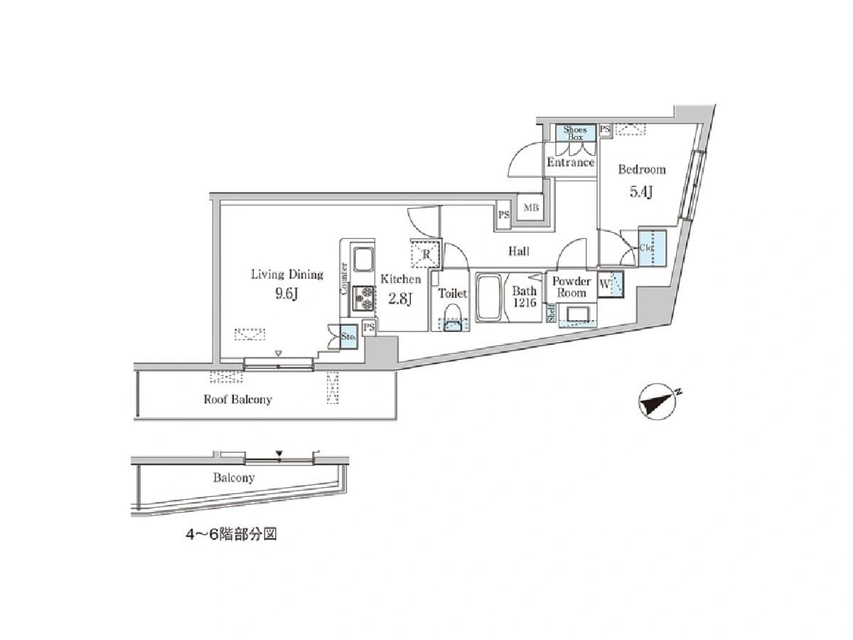 - 4〜6階部分図の間取り図、リビングダイニング9.6J・キッチン2.8J・寝室5.4J・バスルーム・トイレ・パウダールーム・ロフト風の屋根付きバルコニー付き、玄関ホールとクローゼットの配置がわかる平面図