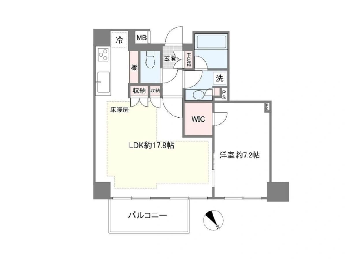 - 間取り図風の居室配置、LDK約17.8帖と洋室約7.2帖、バルコニーへと繋がるリビングダイニングキッチンの平面図