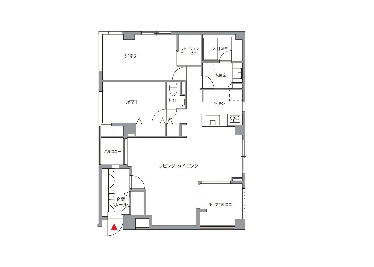 - 2つの洋室とリビング・ダイニングを備えた間取りの平面図、キッチンと浴室、トイレ、ウォークインクローゼット、バルコニーとルーフバルコニーが見える住宅の設計図