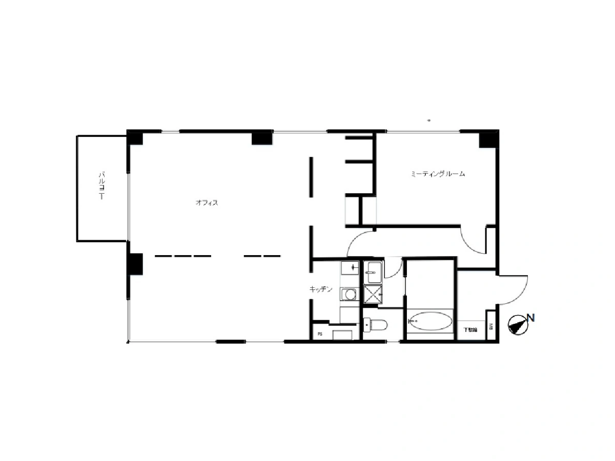 - オフィススペースを中心にキッチン・浴室・トイレを備えた間取りのオフィスフロア、玄関ホールからミーティングルームへアクセスする動線を含む平面図