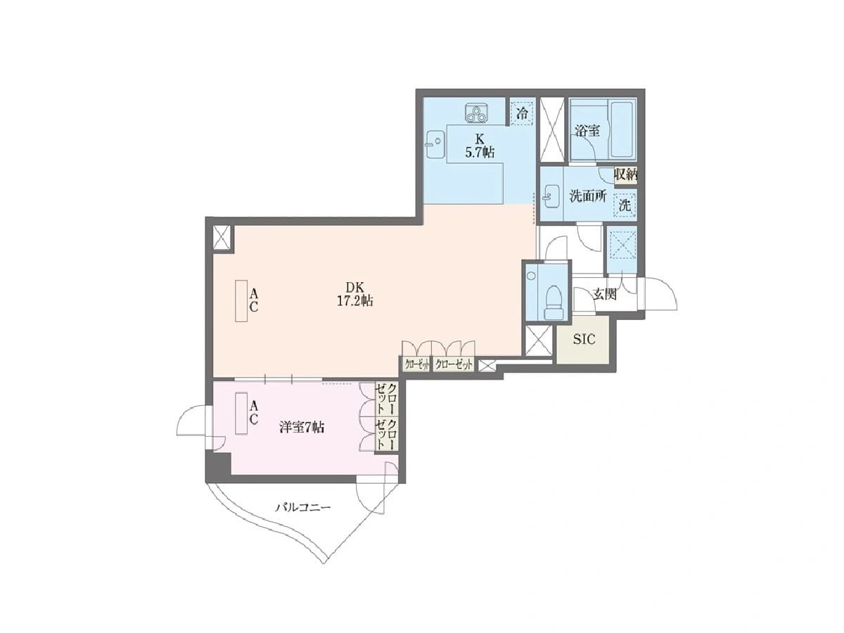 - 間取り図のリビングダイニングキッチンDK17.2帖と洋室7帖、バルコニー付きの分譲マンションの平面図
- キッチン5.7帖、浴室・洗面所・トイレ・玄関・SCICなどの水回りが分かるエレガントな居住空間の間取り図