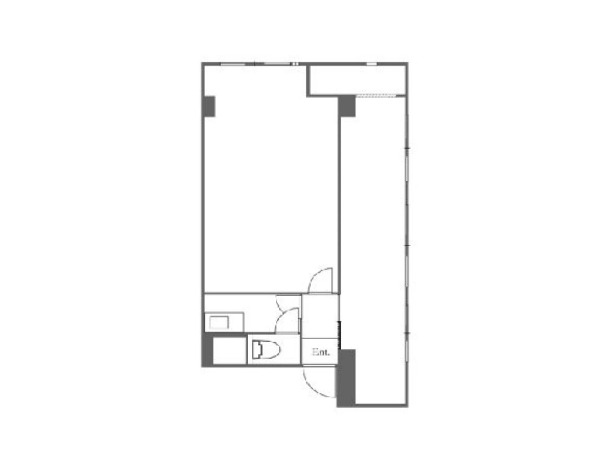 - 単身向けのコンパクトな間取り図、玄関ホールからバスルームとトイレを経てリビングへ続く動線の平面図