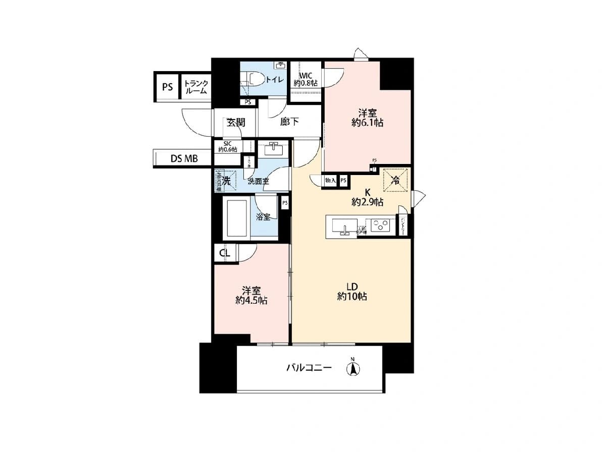 - 間取り図のマンション平面図、LDK約10帖・K約2.9帖・洋室約6.1帖と洋室約4.5帖、バルコニーと広い窓がある住宅内部の平面図