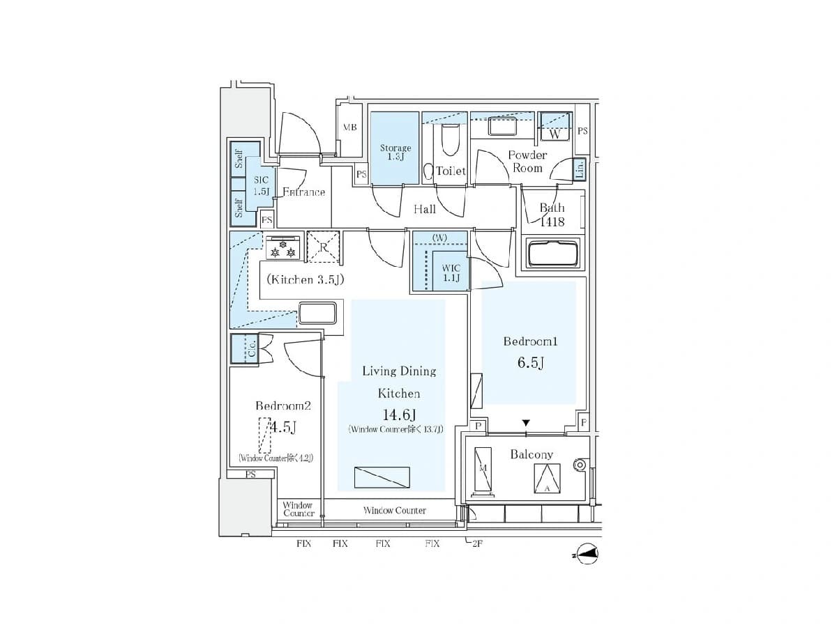 - 間取り図のマンション平面図、リビングダイニングキッチン14.6J・主寝室6.5J・洋室7.4J、バルコニーとウォークインクローゼット、キッチン3.5J、トイレ・パウダールーム・風呂場、玄関・廊下・窓と収納スペースを示す新築・二人暮らし向けの間取り図