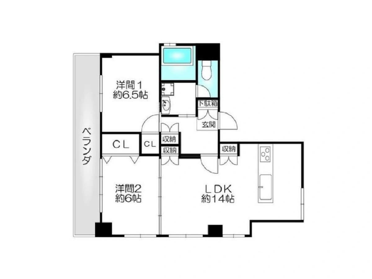 - ベランダに面した2部屋の洋室と広いリビングダイニングキッチンを備えた間取りの平面図、玄関・収納スペース・バスルーム・トイレあり