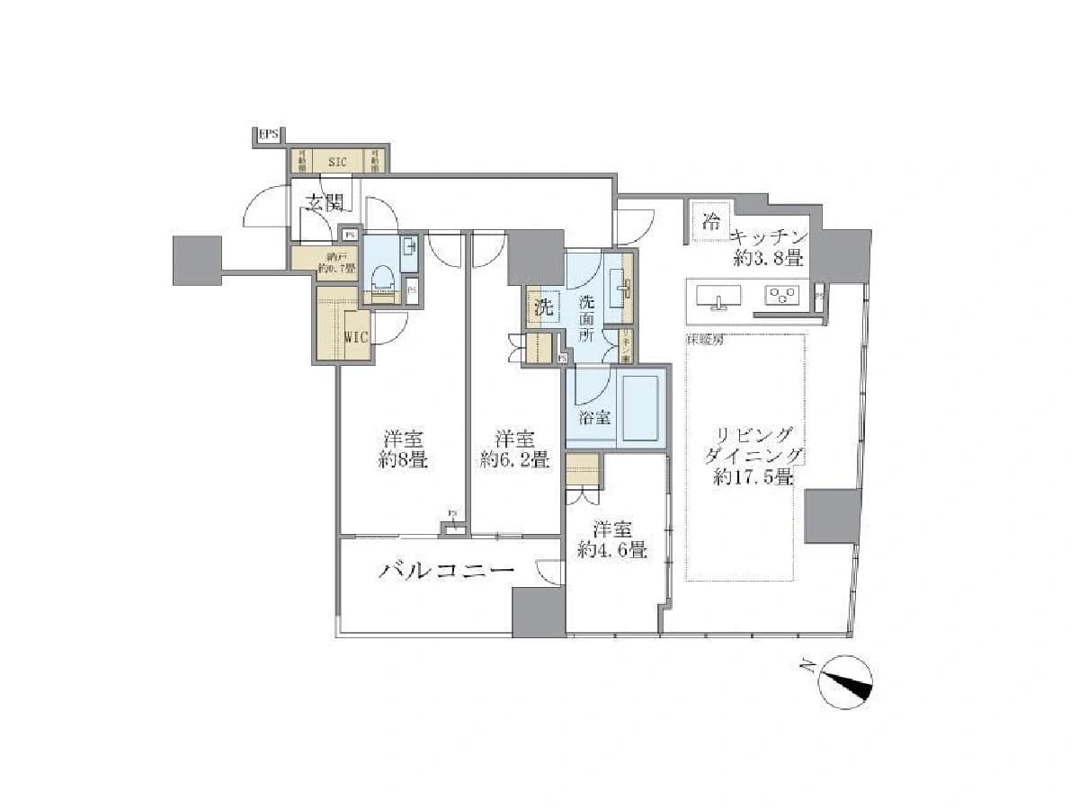 - 4LDKの間取り図、リビングダイニング約17.5畳とカウンターキッチン、各部屋にバルコニーと収納スペース、洋室は約8畳・6.2畳・4.6畳、浴室・洗面所・トイレを含むファミリー向け住宅の平面図