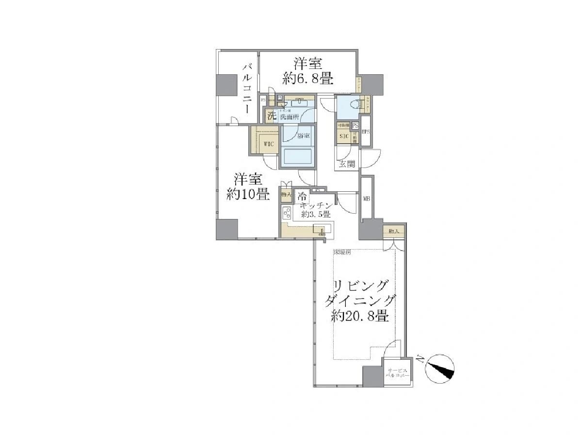 - 間取り図:リビングダイニング約20.8畳の居住エリアと2部屋の洋室、キッチン約3.5畳、バルコニー付きの間取り
- 2室の洋室(約6.8畳と約10畳)、廊下・玄関・洗面所・浴室・WICなどのユーティリティ設備が配置された居住空間の平面図