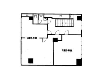 - 2階A洋室と2階B洋室を備えた階段付きのフロアプラン、トイレとPS表示の設備が描かれた黒白の間取り図