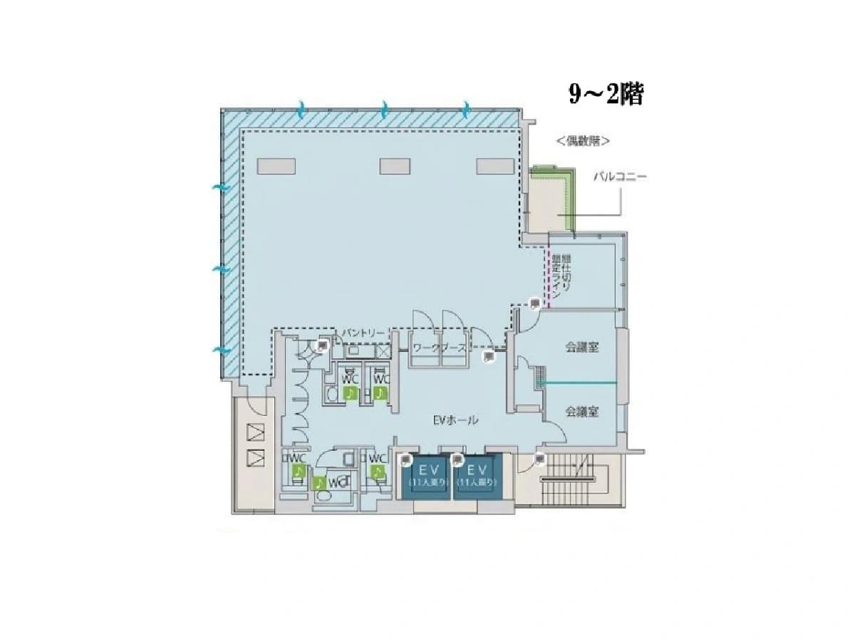- オフィスビルの平面図、1階と9〜2階の階層表示、エレベーターホールと会議室・ワークスペース・トイレ・バルコニーを含む設計図