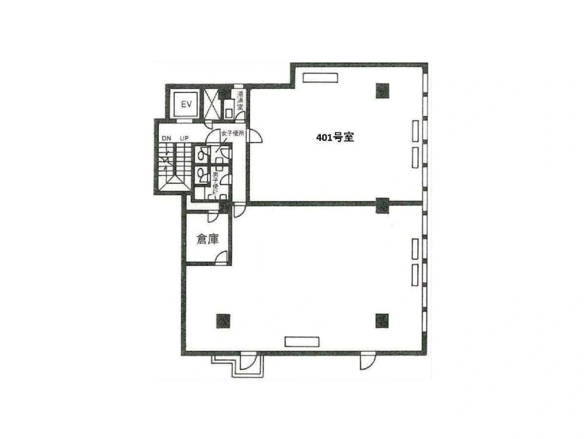 - 401号室を中心に配置された平面図、左上にエレベーターと階段、左右に大きなオープンスペースが広がるオフィスレイアウト
- 事務所区画と倉庫スペースを含む店舗風平面図、出入口と男女トイレの位置が示された建物の平面配置図