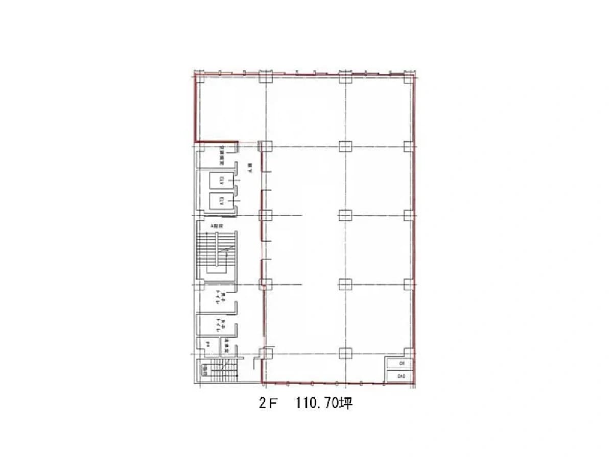 2Fの平面図、空間区画と柱の配置がわかるオフィス/倉庫用途のフロアプラン説明、110.70坪の広さ表示付き