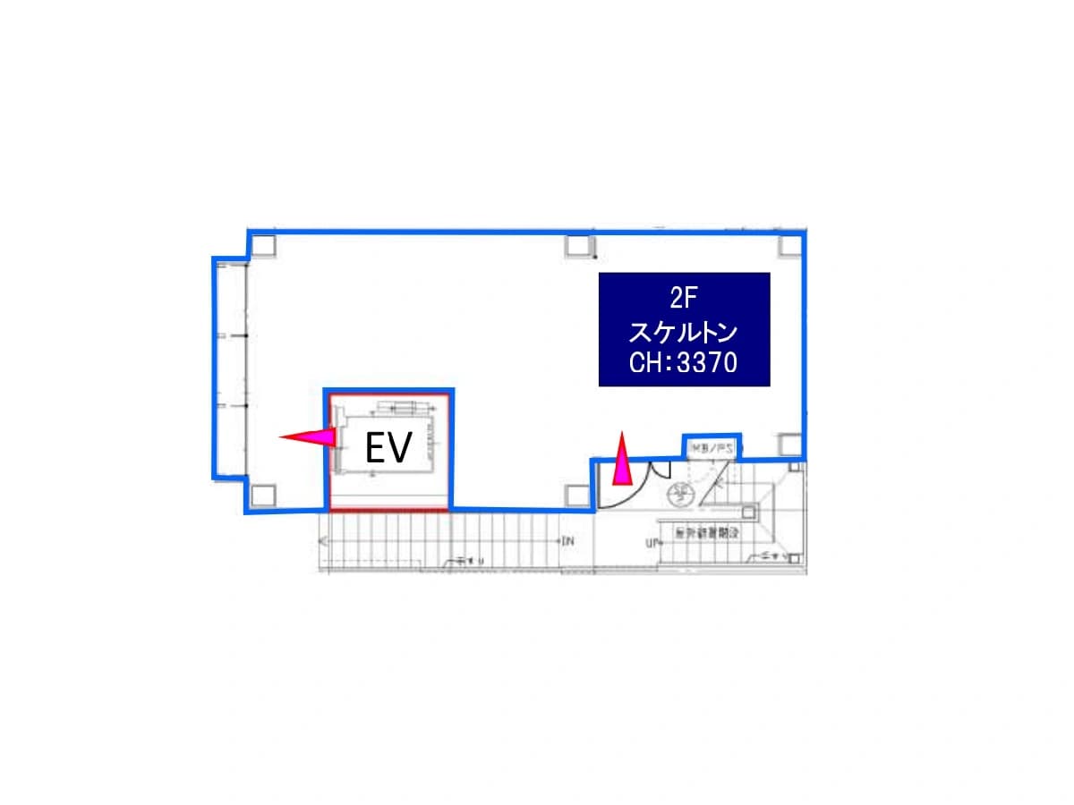 - 2階のスケルトン区画とエレベーター(EV)を示す青い輪郭の平面図、出入口と通路、階段スペースを含むビル階層図