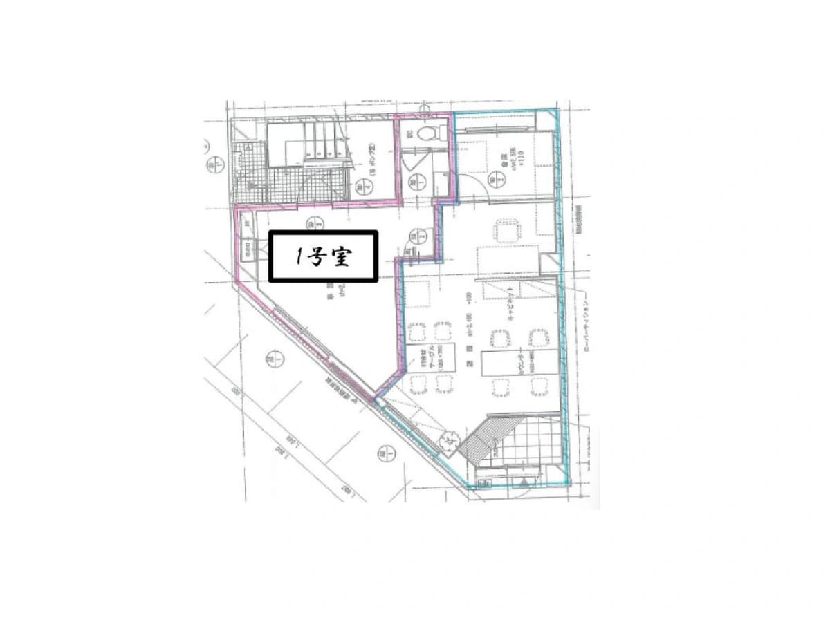 - 建物の平面図、中央に「1号室」のラベル、周囲に部屋境界線とカラーのトレースライン、入口付近の動線と室内レイアウトが描かれた図面