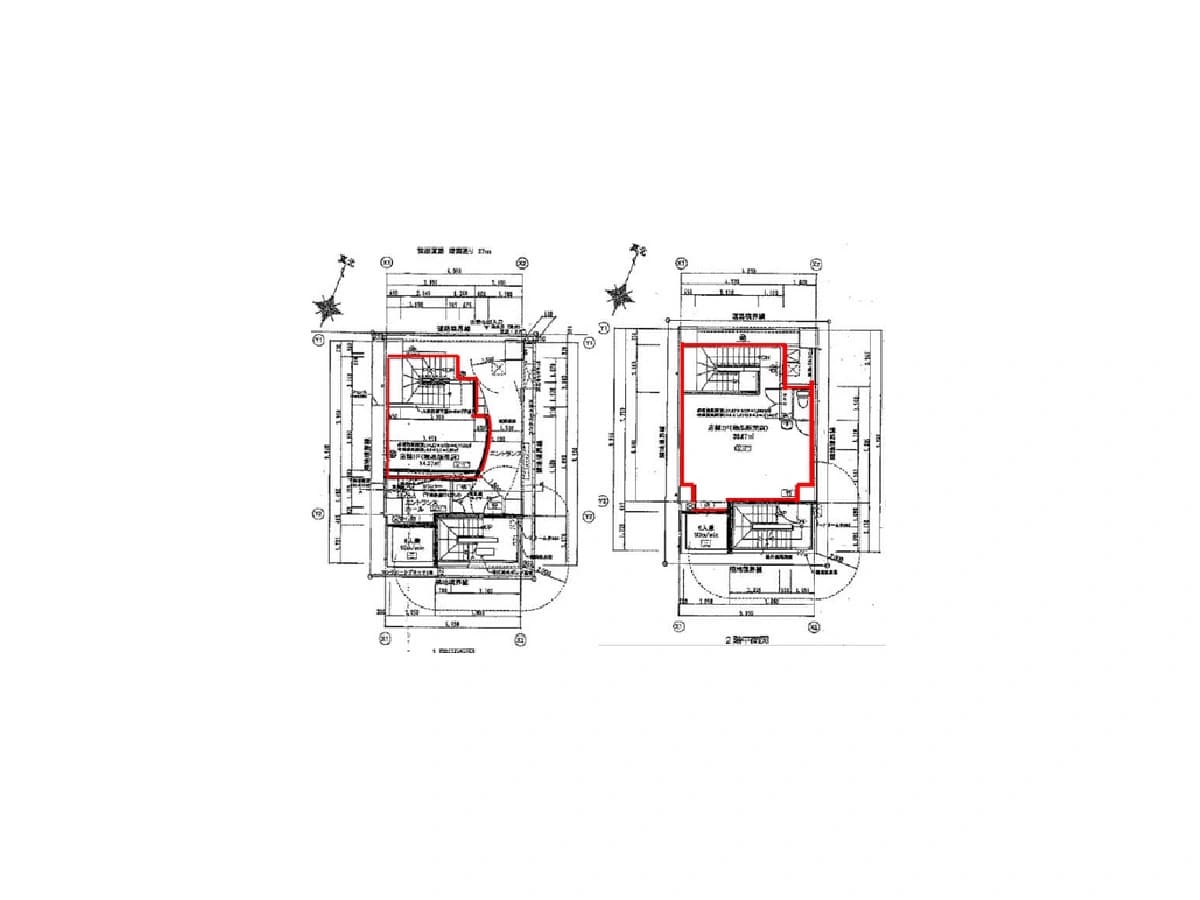- 建築図面の平面図、二階の床プランを示す黒い線図と赤枠で示されたエリア
- 二階建て住宅の間取り図、階段周りと主要部屋の配置が確認できる設計図面